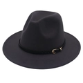 Detailed view of dark charcoal wool fedora featuring a slim black band and gold buckle - M (56-58cm) / Dark Grey (Black Leather Band)
