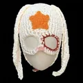 White handmade knit devil horn balaclava with orange star and red stitching detail - White Bunny Ears Yellow Stars