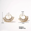 Detailed technical diagram of pearl and crystal stud earrings with size and weight specs - E02540-1 Fan Shaped Pearl Zirconia