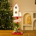 Rood en wit kersthuisje van hout 58 cm met welcome-bordje en warme LED-verlichting - Wit Kerstvogelhuisje A (58 cm)