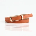 Slim brown PU leather belt for women with a classic gold metal pin buckle - Camel