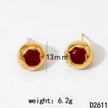 Detail shot of 13mm gold spherical stud earrings with red inlay, weight 6.2g - Gold Red (D2611)