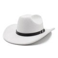 Classic white wool felt fedora with black leather band and silver buckle on white background - White