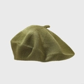 Close-up of olive green knitted beret texture with top stem detail in a flat lay view - One Size / Army Green