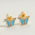 Golden butterfly stud earrings with blue enamel wings and colorful cubic zirconia - Blue Butterfly (ES2604)
