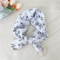 White cotton linen hair scarf with blue floral embroidery and white lace trim edge - White Flower Embroidery