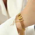 French ins style gold mesh chain bracelet with MOM engraving and pearl charm for women - Gold Freshwater Pearl Bracelet / 16+5cm