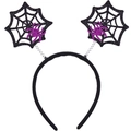 Detail of Halloween headband with black glitter cobwebs and purple glitter spiders on springs - 12# Spider Web Purple Spider