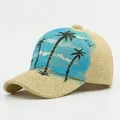 Natural straw baseball cap with blue beach scene print and palm tree graphics - Hand-painted Palm Tree Style (Khaki)
