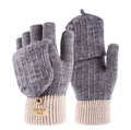 Grey and white knitted convertible flip-top mittens with touchscreen-compatible fingers - Half-Finger Flip Cover Style / Gray with Thumb