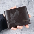 Men's slim brown bifold leather wallet featuring an embossed eagle design and metal accent - Dark Coffee