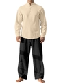 Men's casual beige Henley long sleeve shirt and black drawstring pants set - Khaki + Black