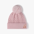 Pink cable knit winter hat with pom-pom and cherry embroidery on wide cuff - One Size / Pink