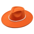 Detailed top view of orange wool fedora hat with elegant white pearl brim decoration - M(56-58cm) / Orange
