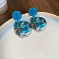 Artistic blue rose earrings featuring beach and dolphin prints on acrylic charms - Seaside Dolphin Scenery Style (Style 1) / Bright Blue