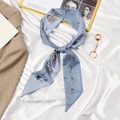 Blue French style silk ribbon scarf with floral print for ponytail hair styling - Castle Blue