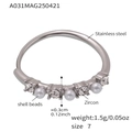 Adjustable stainless steel ring with alternating shell beads and round zircon stones - A031-Steel Color White Zirconia Shell Pearl