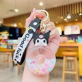 Cute Kuromi cartoon keychain with sequin-filled donut charm and black rubber hand strap - Donut Quicksand-Kuromi