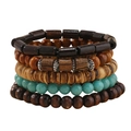 Detail of five stacked men's handmade beaded bracelets with wood and turquoise stone beads - Wood Bead 5-piece Set
