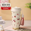Θερμός 550ml σε κρεμ λευκό με σχέδιο κεράσι και ασορτί λουράκι μεταφοράς για γυναίκες - 550ml / Χρυσό Κεράσι