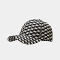 Close-up of baseball cap with black and white 3D geometric checkered pattern detail - Adjustable / Beige (Black and White Geometric)