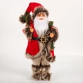 Classic Santa Claus figurine in red velvet coat with brown fur trim and gift bag - 45cm