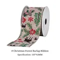 Christmas wired ribbon with reindeer and snowflake print on faux linen fabric, 63mm width - Christmas Forest Pattern