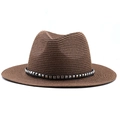 Close-up of brown straw cowboy hat with black leather band and silver square rivets - M (56-58cm) / Brown