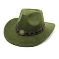 Detailed view of olive green wool western cowboy hat with brown braided band and star badge - M (56-58cm) / Army Green
