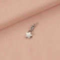Detailed view of a silver stainless steel star pendant with a spring clasp on fabric - Steel