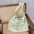 Green checkered canvas tote bag with colorful embroidered bows and drawstring closure - Green
