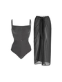 Detail of black and white striped swimsuit set with a sheer black sarong cover-up - Y18 Black Stripe Set