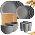 Grey 16-piece plastic dinnerware set including bowls, plates and cups in a gift box - Grey 16-Piece Set