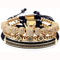 Men's crown bead bracelet set with gold and black crystals on woven leather straps - Gold Set 3pcs (Crown + Cube + Tube)