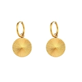 Irregular vintage gold plated stainless steel C-shape earrings with sunburst pendant - Carved Stripe Circular Pendant Hoop Earrings