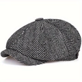 Klassische Schiebermütze für Damen mit schwarz-weißem Fischgrätmuster in Seitenansicht - Tweed / Grau Fischgrät