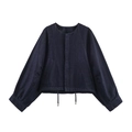 Women's dark blue denim bomber jacket with round neck and drawstring hem in flat lay - XS / Top Only