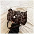 Fashionable leopard print shoulder bag with gold T-shaped buckle and metal chain strap - Brown