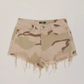 Close-up of desert camo denim shorts featuring ripped details and raw frayed edges - XS / Desert Camouflage