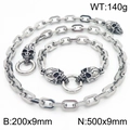 Chunky stainless steel rectangle link chain necklace and bracelet set with skull charms - Skull Head Set (KS217059-Z)