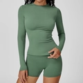 Slim fit long sleeve yoga top and shorts set in grass green brushed fabric - S / Tops / Neptune Green