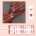 Detail view of 24pcs long red press-on nails with strawberry and pearl bow designs - BKS2187 Red Strawberry Heart Bow Style