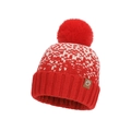 Winter knit beanie with red and white jacquard pattern and fluffy red faux fur pompom - Burgundy