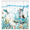 Rideau de douche chat plongeur drôle avec tortues et poissons en polyester imperméable - Chat Plongeur M1716 / 90*180cm