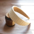 Macro detail of hand-woven beige raffia straw texture on a wide padded headband - Cream Solid Wide Edge