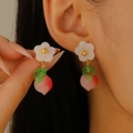 Cute peach fruit drop earrings with white flower and green leaf for women - KC Gold Peach