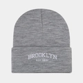 Detail of Brooklyn EST 1634 embroidery on a grey knit beanie for street fashion - Light Gray