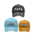 Three washed cotton baseball caps in black, sky blue, and yellow with Papa Mama Mini embroidery - Family Set (PAPA+MAMA+MINI) / Black/Blue/Yellow