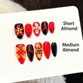 Handmade red and black almond press-on nails with 3D floral design in short and medium sizes - Extra Small (XS) / 3379-Short Almond