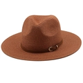 Close-up of straw fedora hat featuring a brown leather band and golden buckle detail - M (56-58cm) / Caramel
